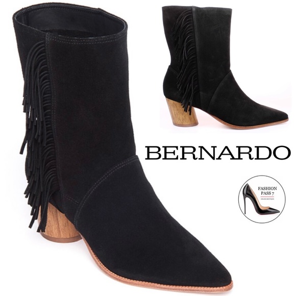 Bernardo Felix Mid-Calf Black Suede Fringe Western Boots Block Heel Pointed Toe - Picture 1 of 13